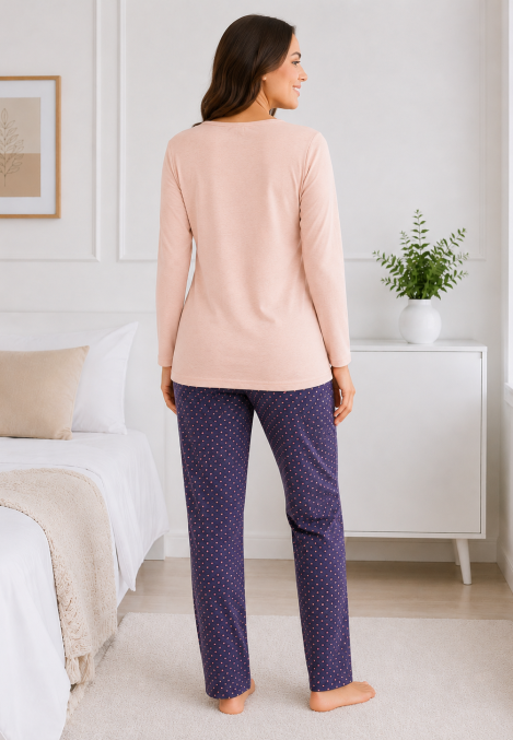 Pijama de damă cu bluză cu maneca lunga și pantaloni -Roz pal,Engros